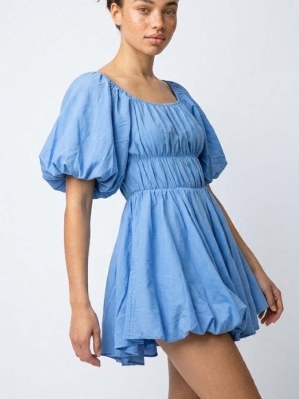 &merci Blue Smocked Puff Sleeve Small Mini Dress